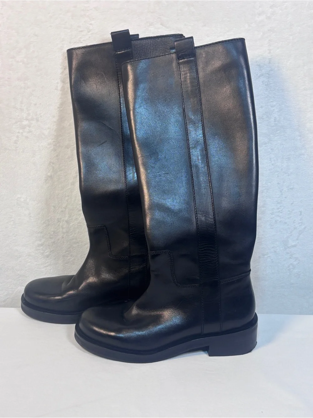 ZARA Black Leather Knee High Riding Boots Pull On Womens 39 US 8